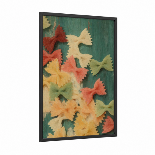 Colorful Pasta Bow framed art print — black wood frame — gold and teal palette