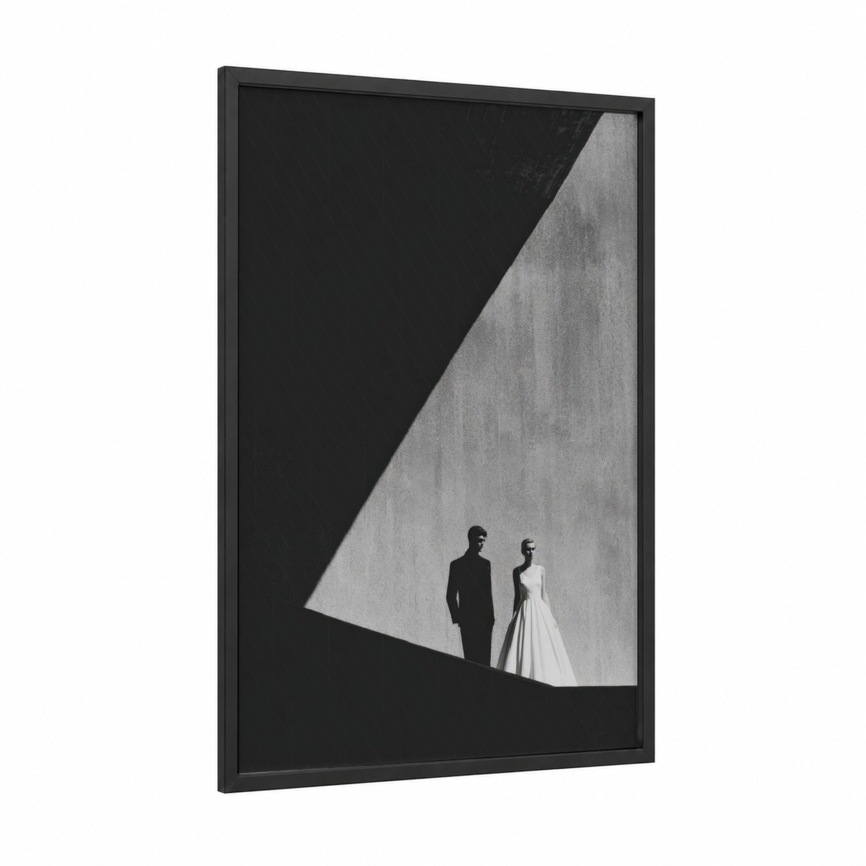 Silhouette Couple framed groom and bride print — black wood frame — black and white and gray palette