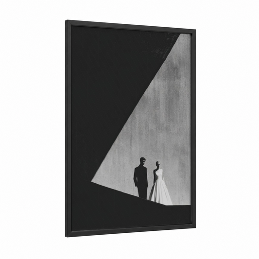 Silhouette Couple framed groom and bride print — black wood frame — black and white and gray palette