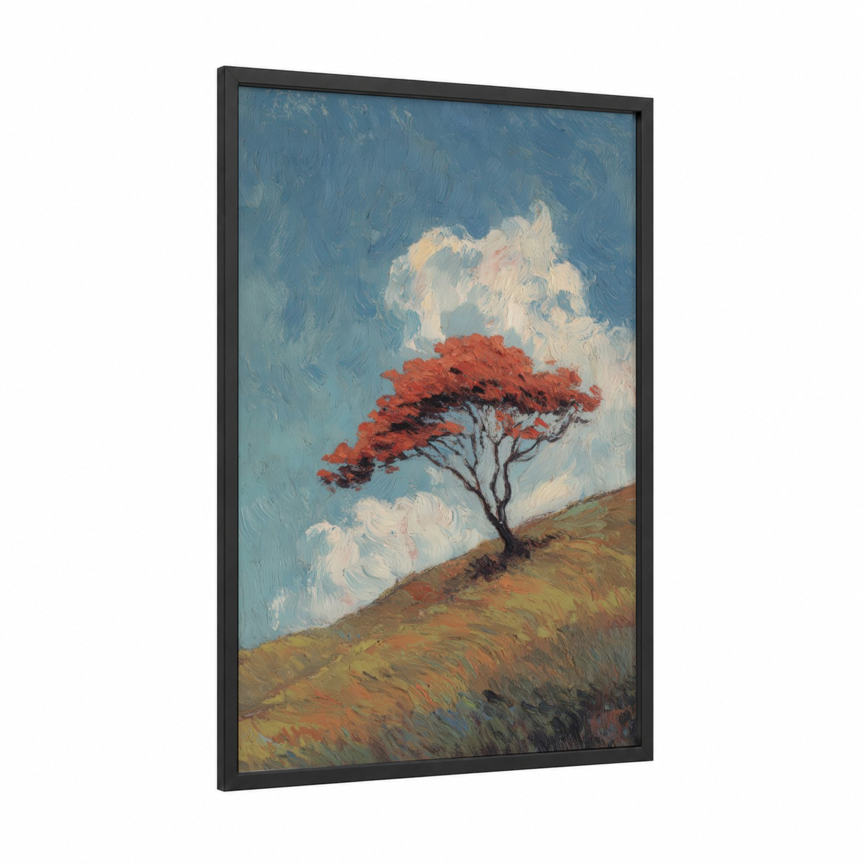 Windswept Arbutus framed arbutus tree print — black wood frame — blue and red palette