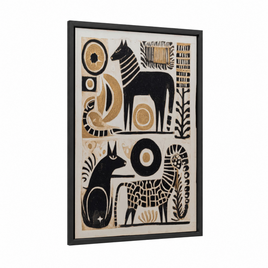 Sacred Horse framed abstract traditional print — black wood frame — black and gold palette