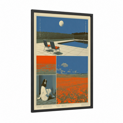 Moonlit Poolside framed japanese y2k print — black wood frame — orange and blue palette