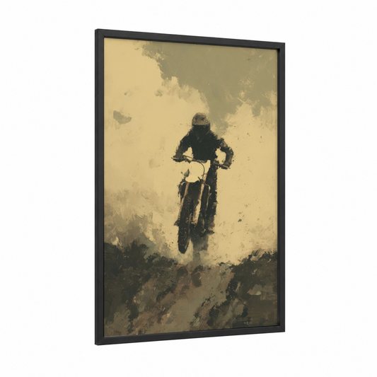 Desert Motocross framed art print — black wood frame — gold and black palette
