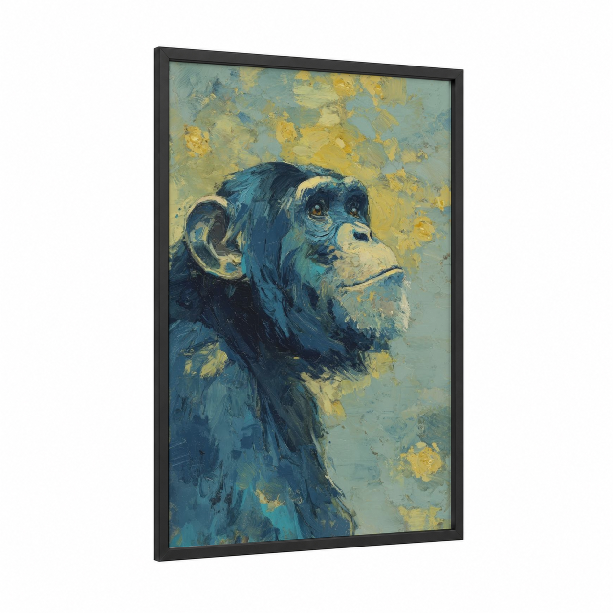 Contemplative Chimp framed chimpanzee print — black wood frame — blue and gold palette