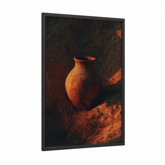 Terracotta Vessel Desert framed pottery print — black wood frame — russet and gold palette