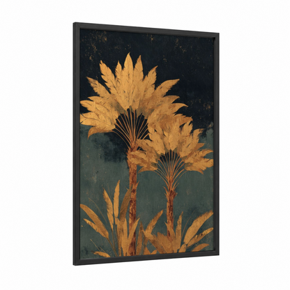 Golden Palm Elegance framed palm tree print — black wood frame — gold and black and gold palette
