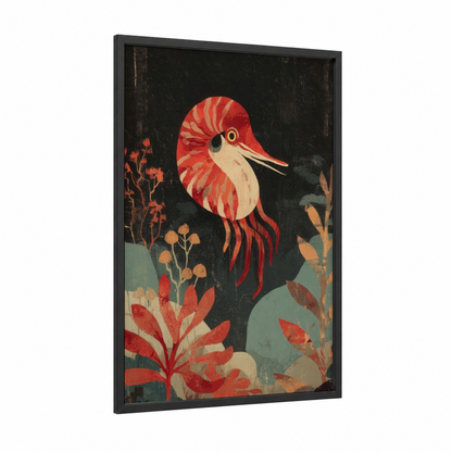 Crimson Nautilus framed art print — black wood frame — red and sage green palette