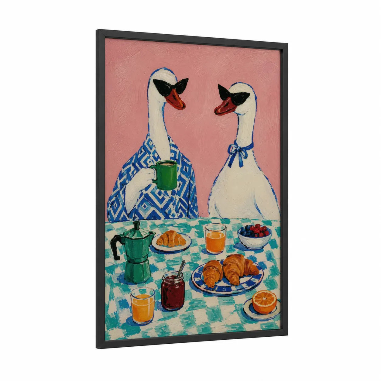Geese Breakfast Scene Wall Art framed art print — black wood frame — blue and pink palette