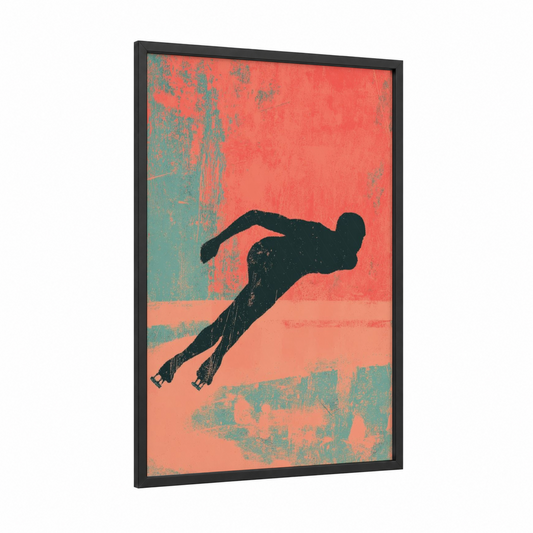 Flying Skater framed ice skating print — black wood frame — red and teal palette