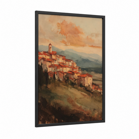 Tuscan Village Sunset framed art print — black wood frame — russet and peach palette