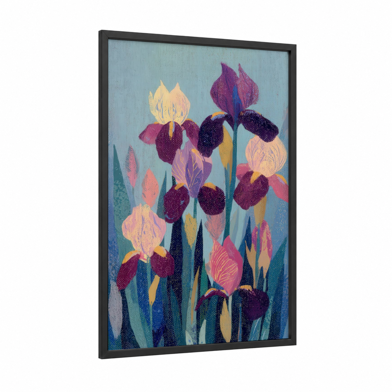 Jeweled Iris Garden framed art print — black wood frame — purple and gold palette