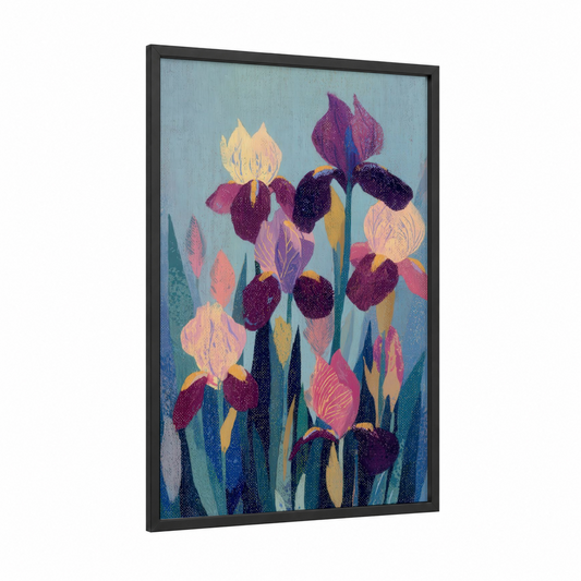 Jeweled Iris Garden framed art print — black wood frame — purple and gold palette