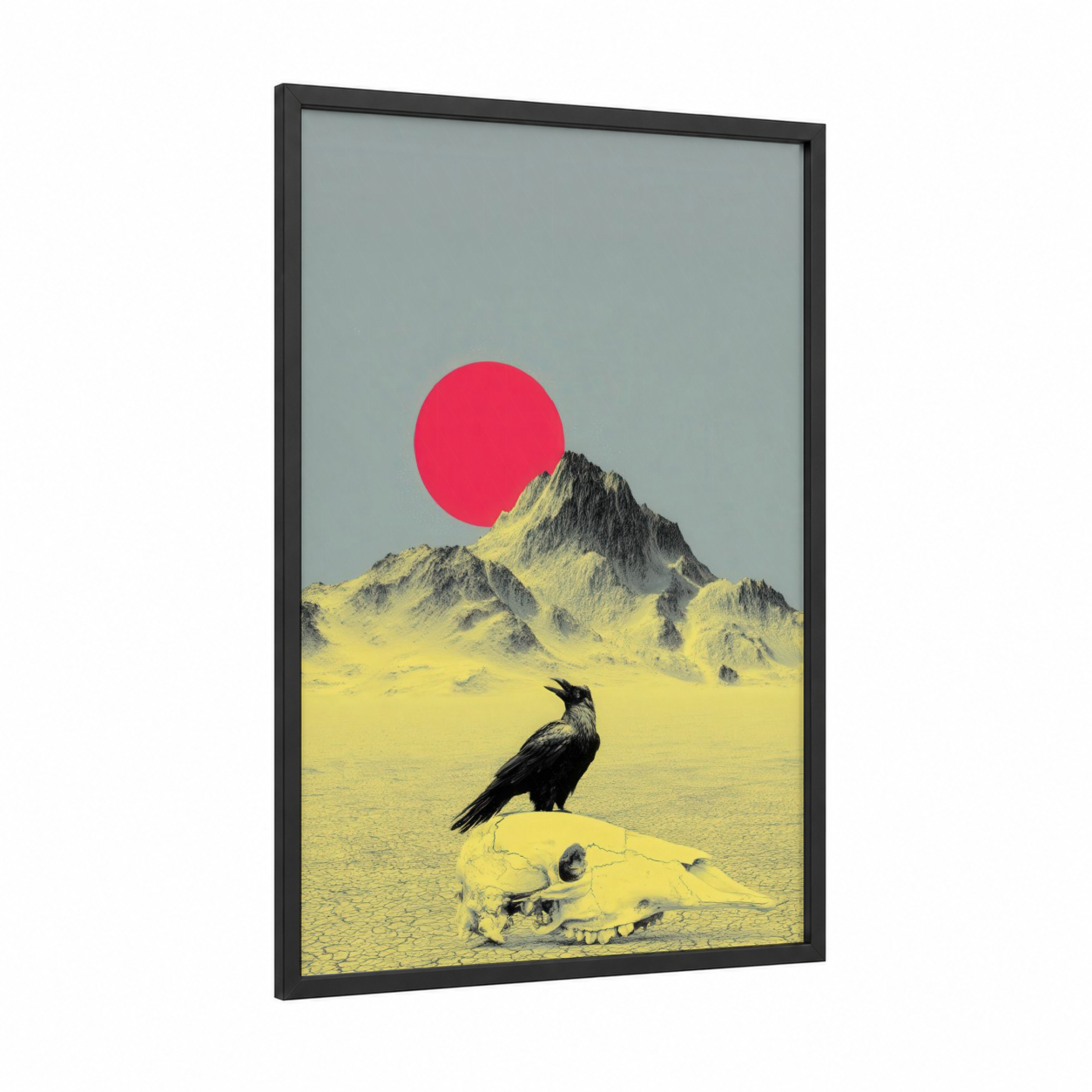 Surreal Raven framed crows and ravens print — black wood frame — magenta and yellow gold palette