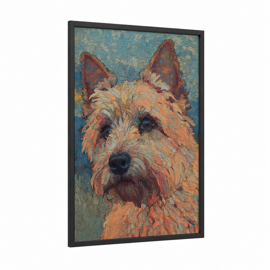 Russet Terrier Portrait framed art print — black wood frame — russet and turquoise palette