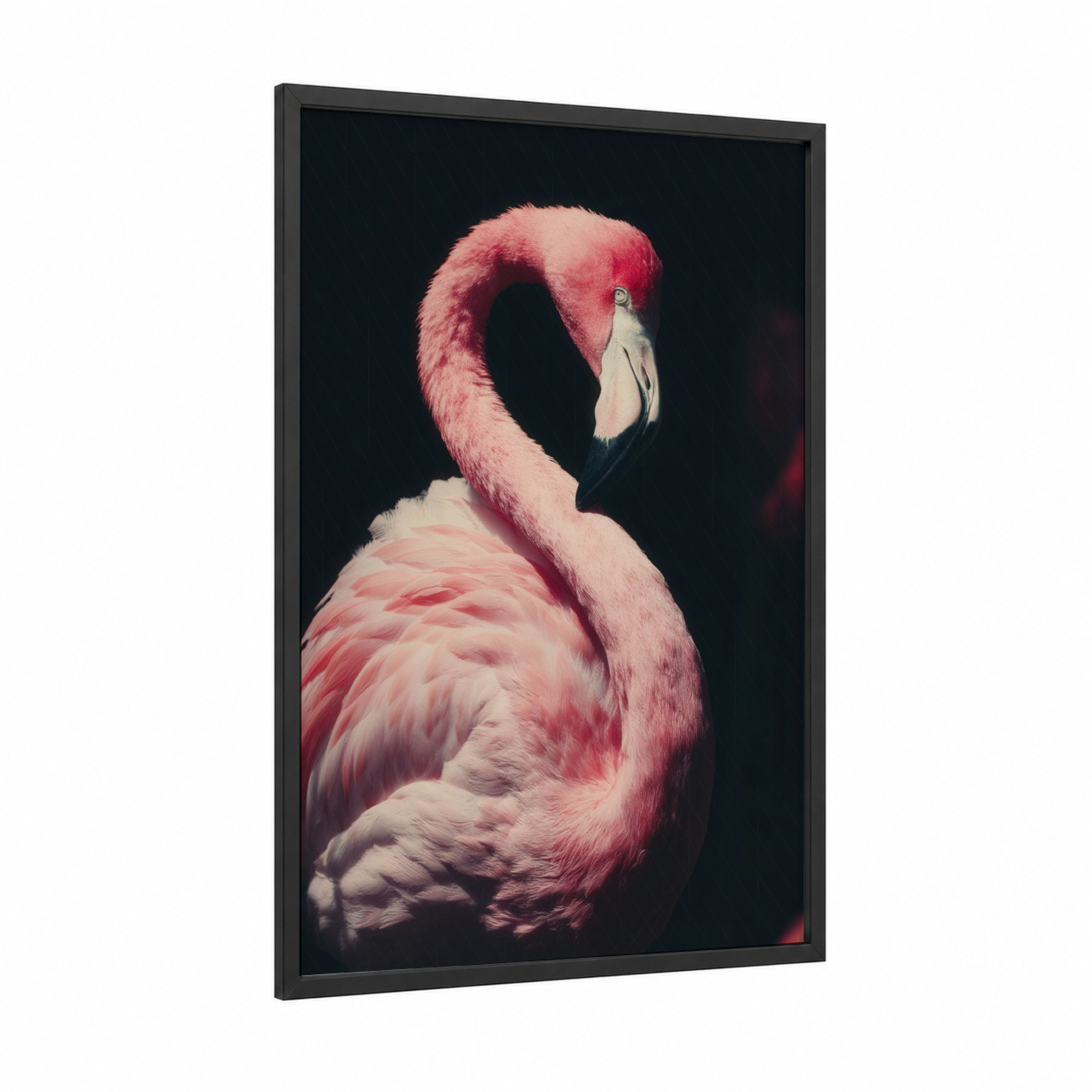 Pink Flamingo Portrait framed art print — black wood frame — salmon pink and black palette