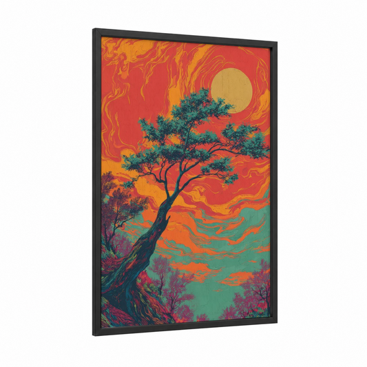 Crimson Cypress Sunset framed cypress tree print — black wood frame — red and gold palette