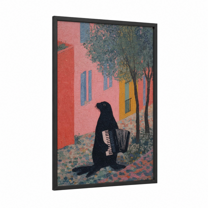 Musical Sea Lion framed art print — black wood frame — salmon pink and teal palette