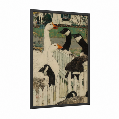 Farmyard Geese framed art print — black wood frame — cream and gray palette