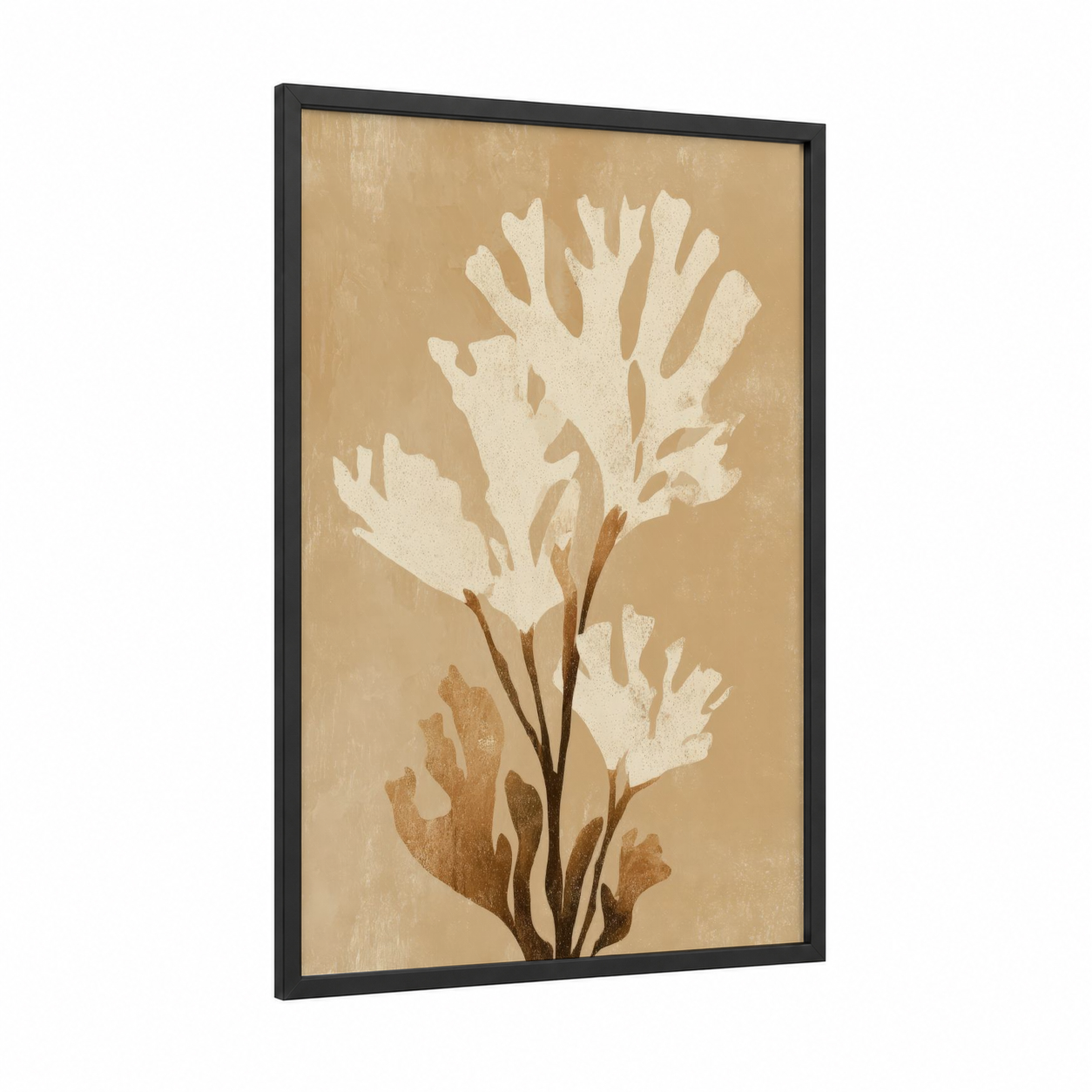 Cream Kauri Branches framed kauri tree print — black wood frame — cream and beige palette