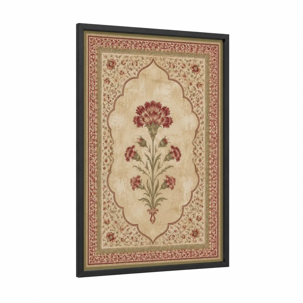 Persian Carnation Botanical Wall Art framed carnations print — black wood frame — maroon and beige palette