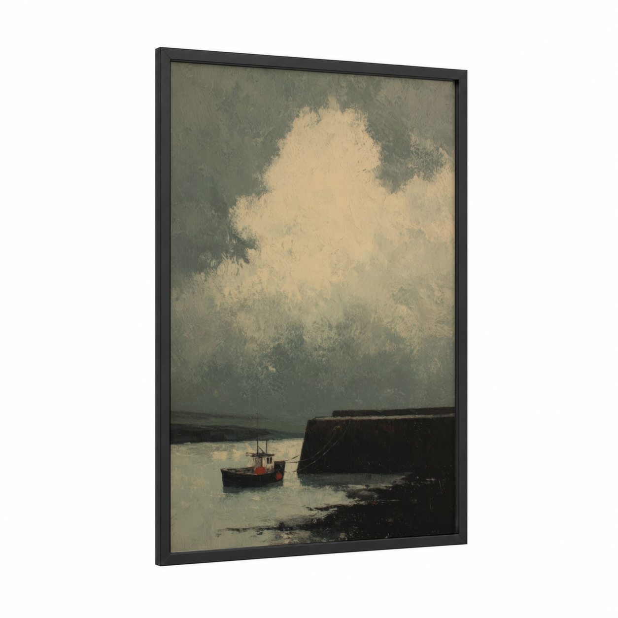 Moody Harbor Boat framed docks and piers print — black wood frame — sage green and cream palette