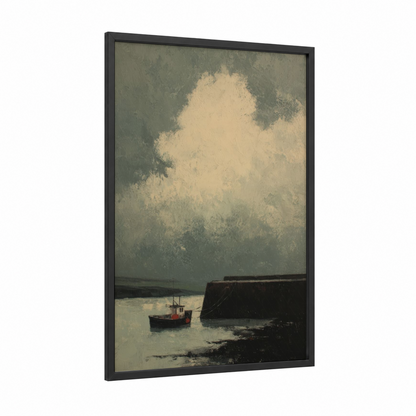 Moody Harbor Boat framed docks and piers print — black wood frame — sage green and cream palette