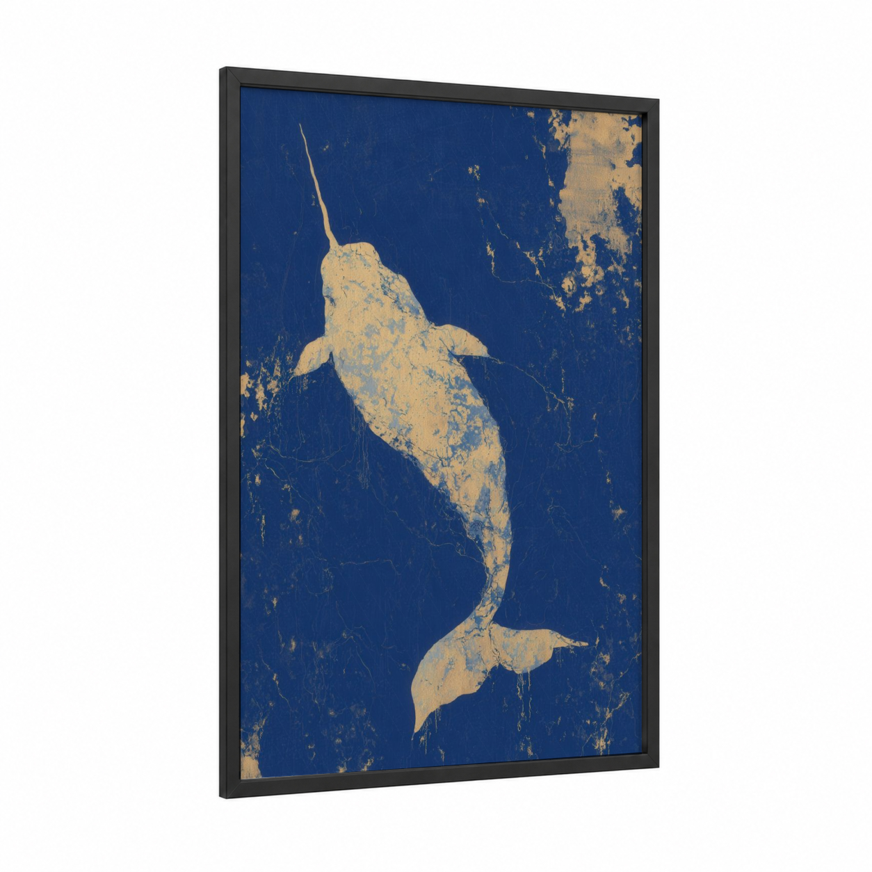 Golden Narwhal framed art print — black wood frame — royal blue and gold palette