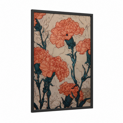 Coral Carnations framed art print — black wood frame — salmon pink and teal palette