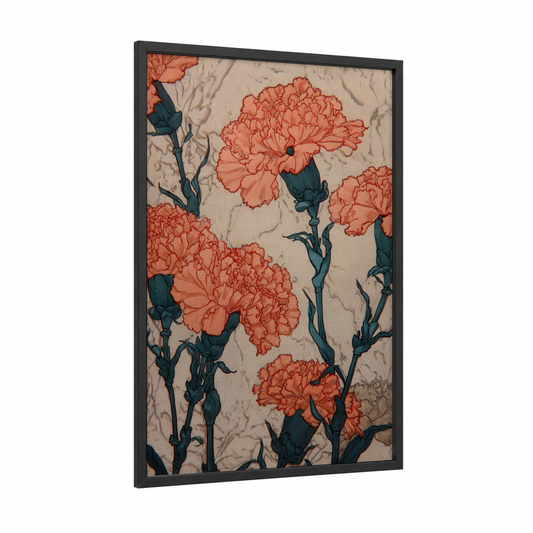 Coral Carnations framed art print — black wood frame — salmon pink and teal palette