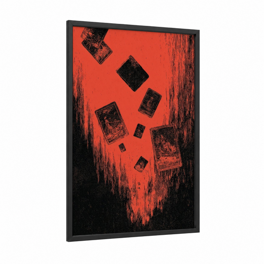 Crimson Grimoire framed dark fantasy print — black wood frame — red and black palette