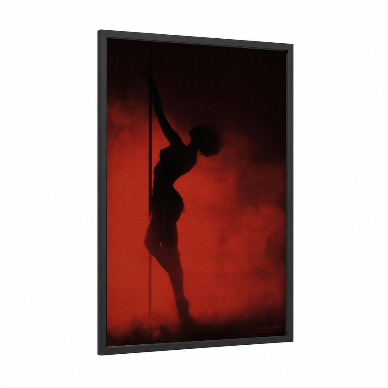 Crimson Silhouette framed pole dancing print — black wood frame — red and black palette