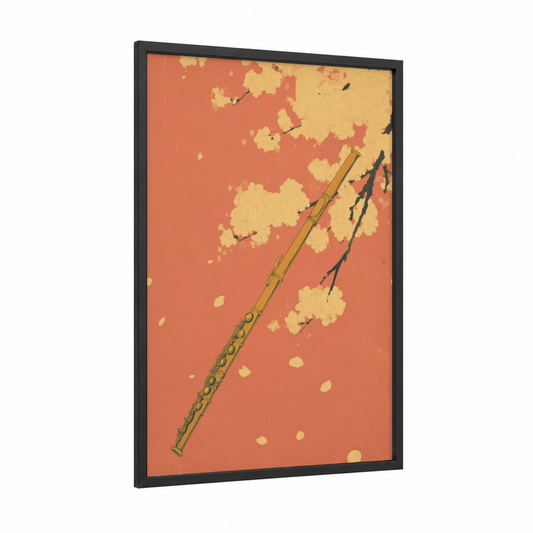 Golden Flute framed art print — black wood frame — pumpkin and yellow gold palette