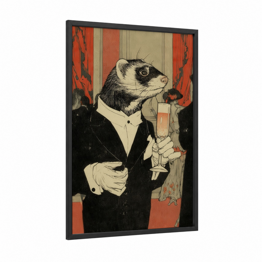 Dapper Ferret framed art print — black wood frame — black and white and red palette
