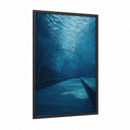 Underwater Tunnel framed art print — black wood frame — blue and turquoise palette