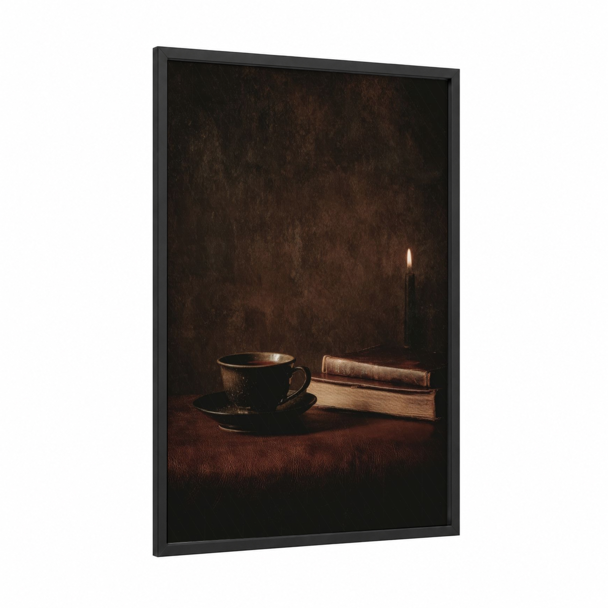 Candlelit Tea framed art print — black wood frame — brown and gold palette