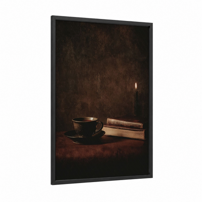 Candlelit Tea framed art print — black wood frame — brown and gold palette