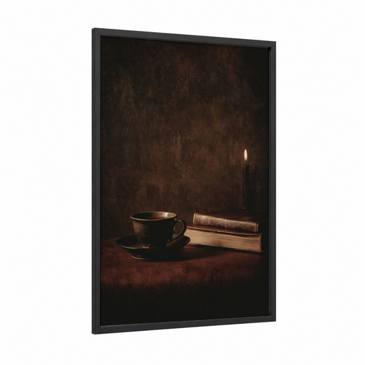 Candlelit Tea framed art print — black wood frame — brown and gold palette