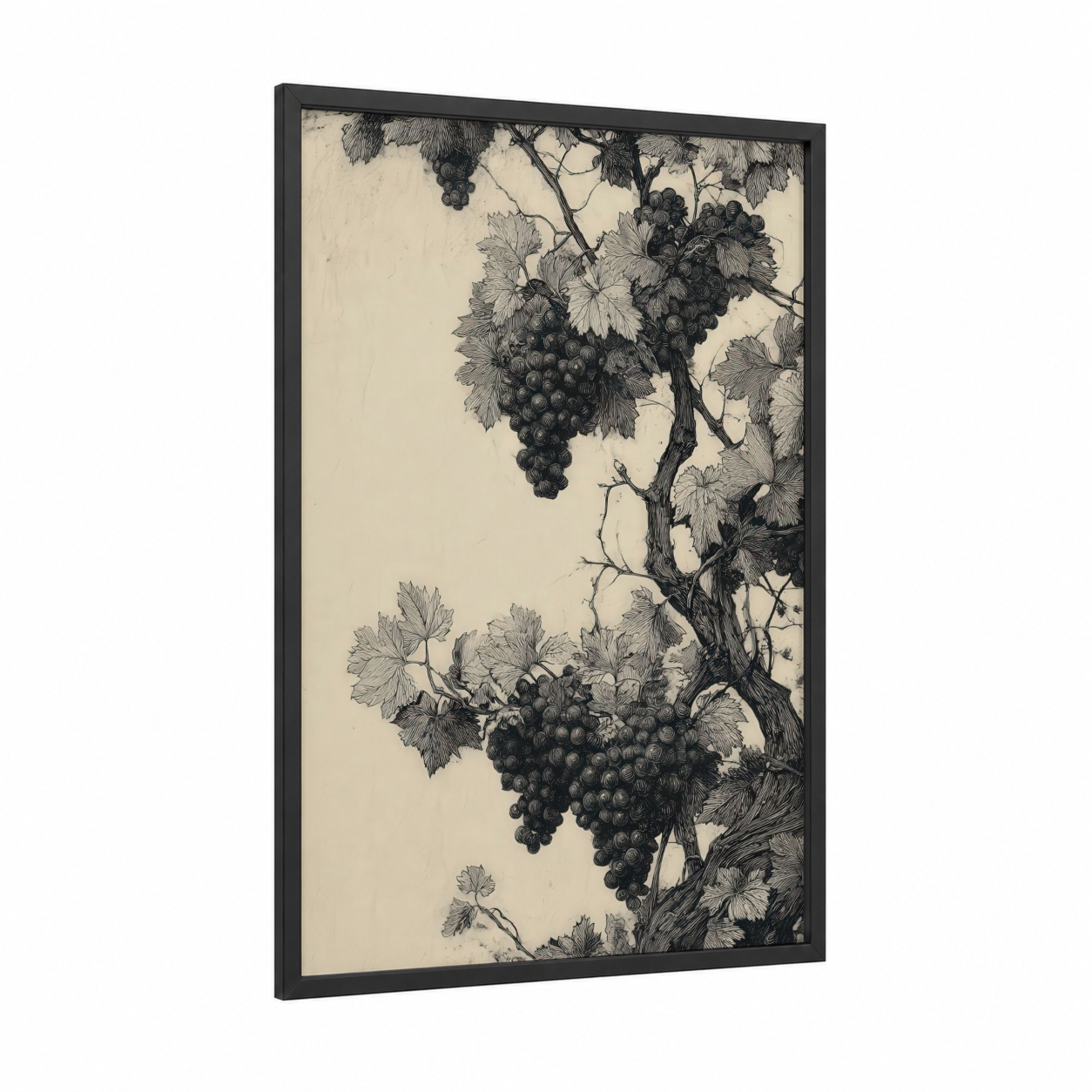 Vintage Grape Vine framed fruit trees print — black wood frame — black and white and cream palette