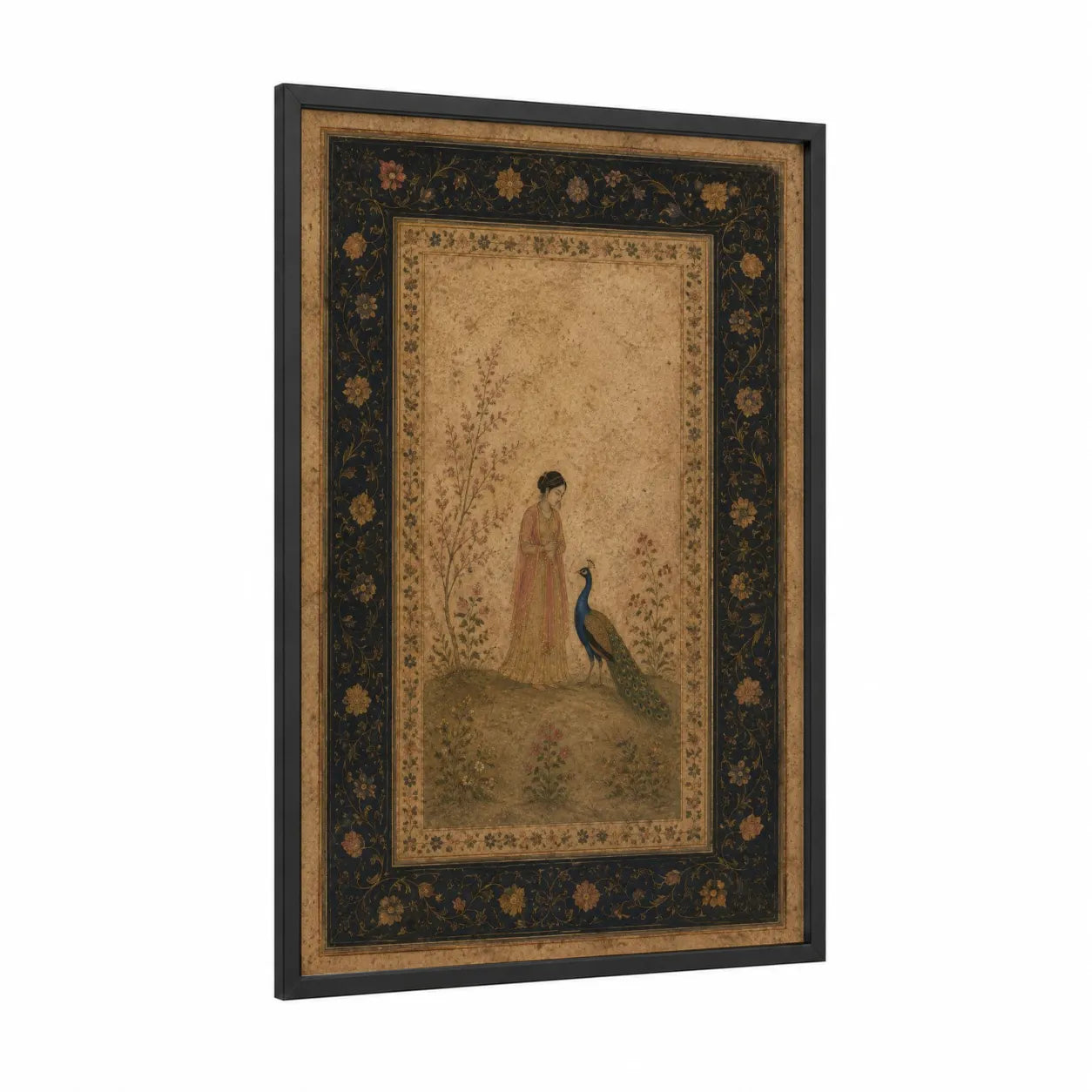 Persian Peacock Garden Wall Art framed art print — black wood frame — gold and beige palette