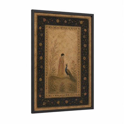 Persian Peacock Garden Wall Art framed art print — black wood frame — gold and beige palette