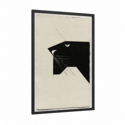 Minimalist Lion framed art print — black wood frame — black and white and cream palette