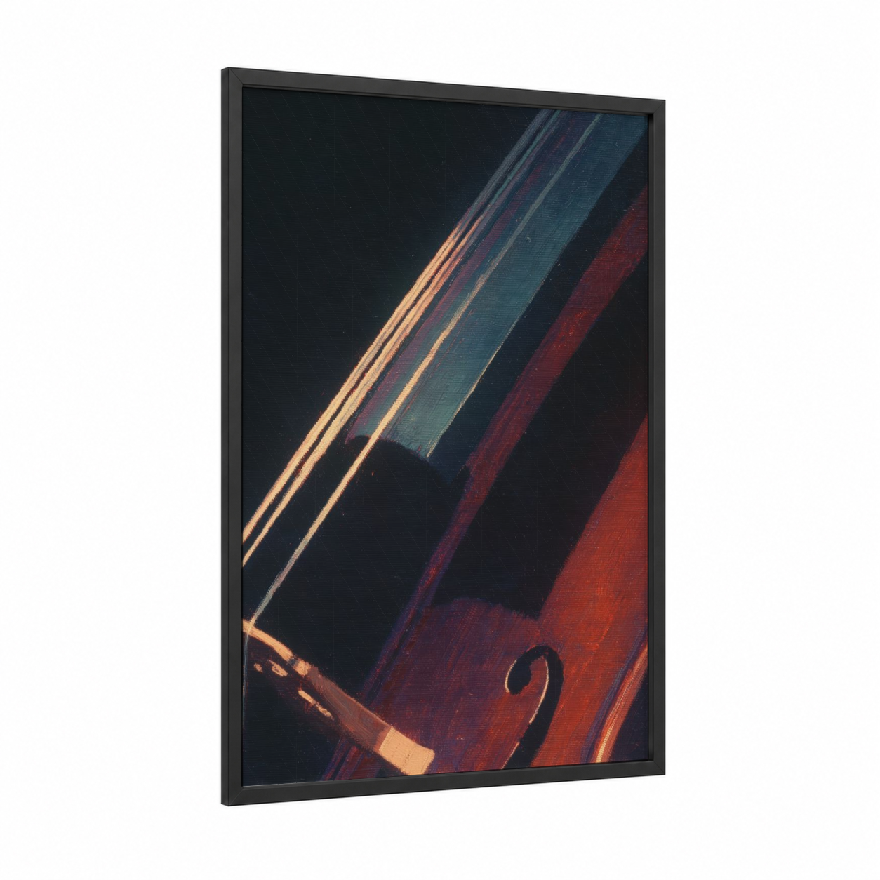 Classical Strings framed art print — black wood frame — gold and maroon palette