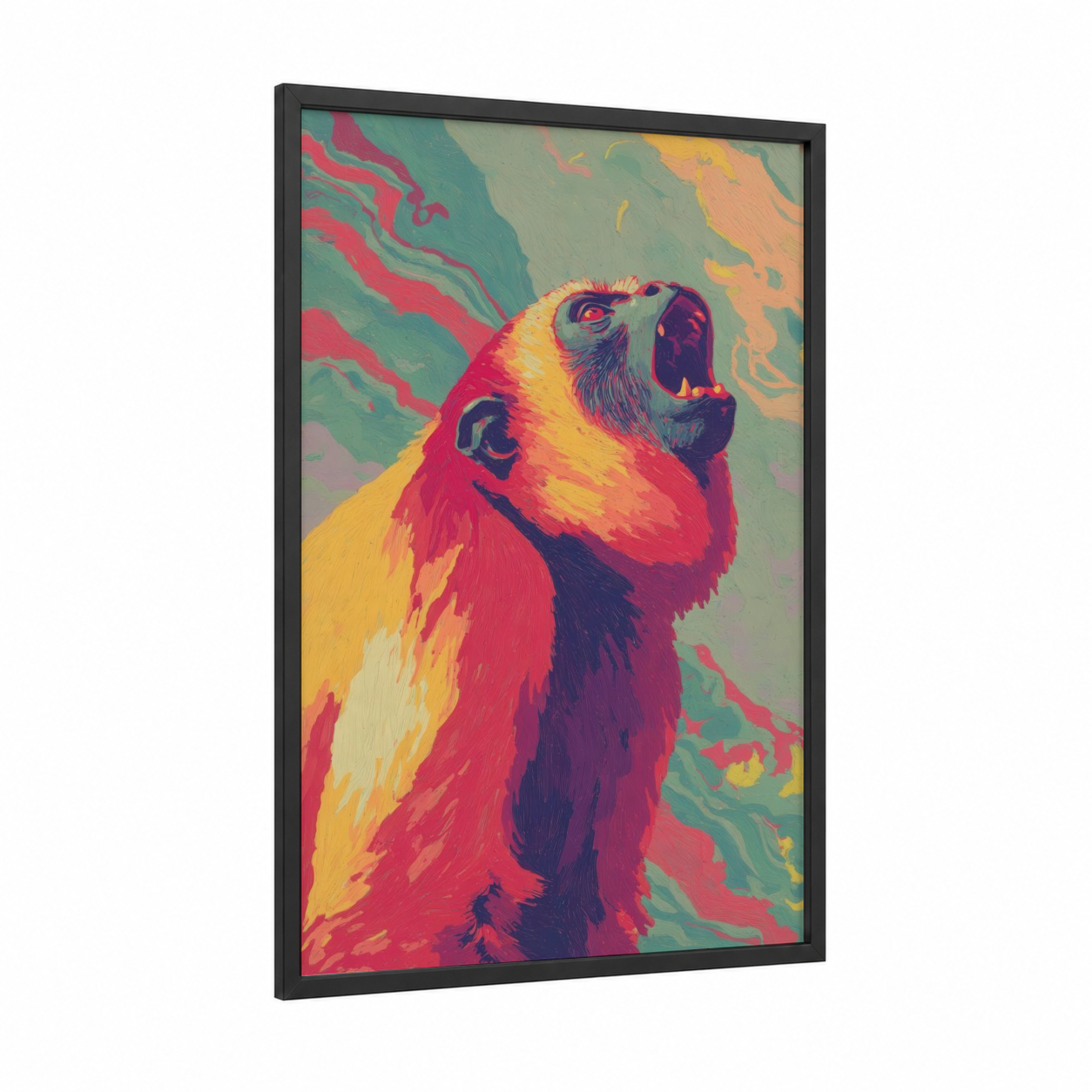 Roaring Monkey framed art print — black wood frame — red and gold palette