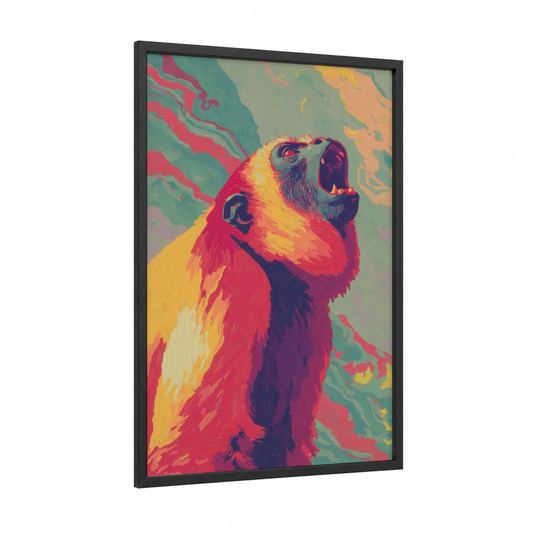 Roaring Monkey framed art print — black wood frame — red and gold palette