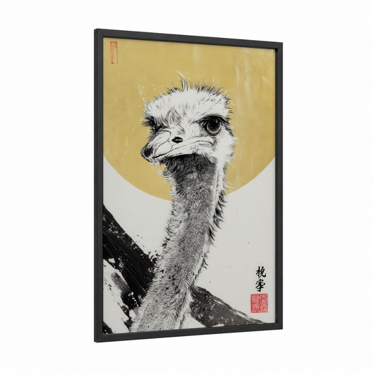 Golden Ostrich Portrait framed art print — black wood frame — gold and black and white palette