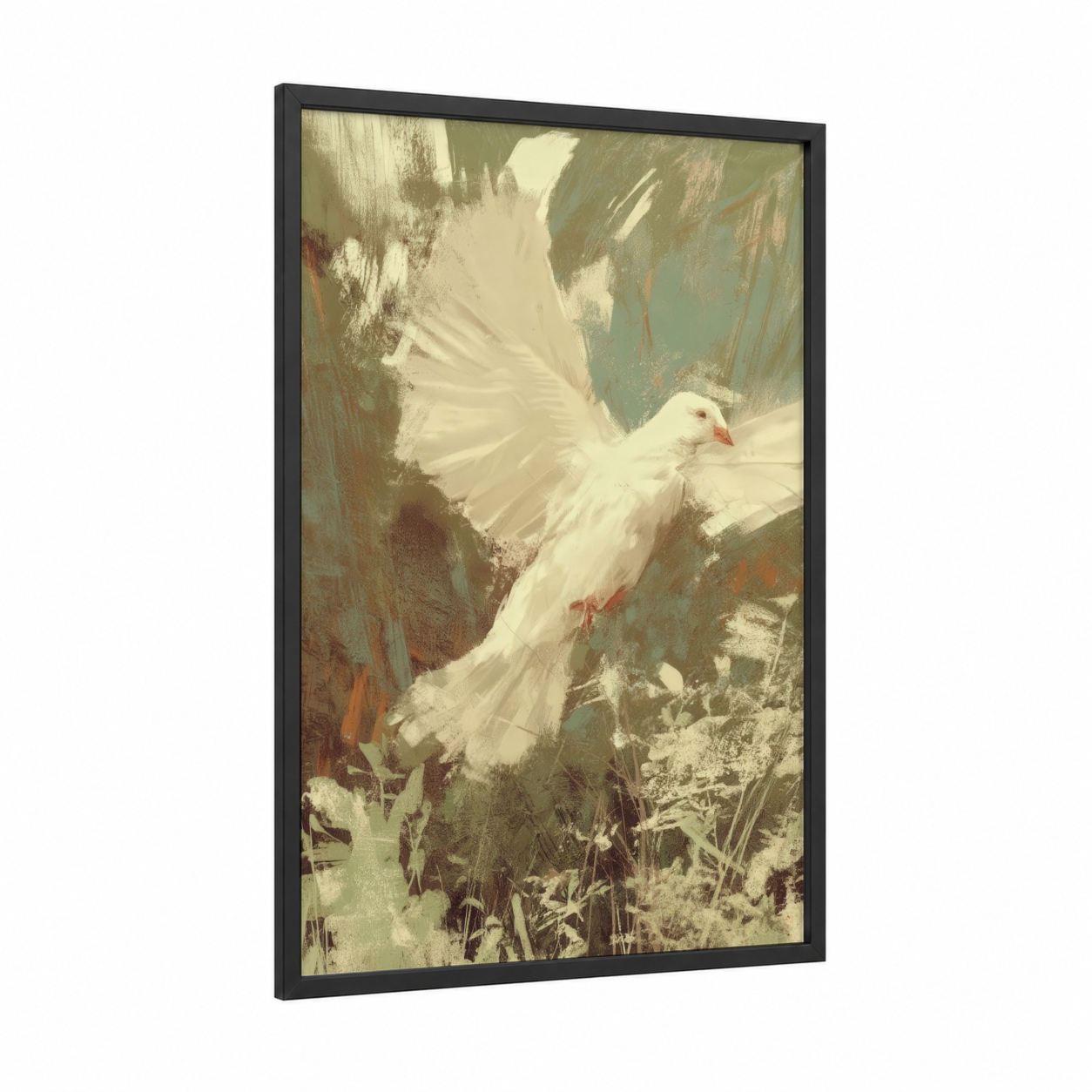Peaceful Dove framed art print — black wood frame — cream and sage green palette