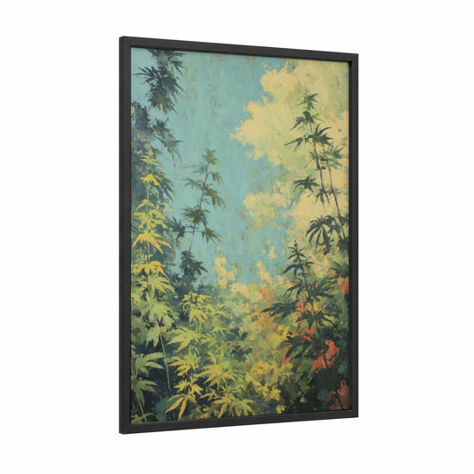 Golden Cannabis Garden framed art print — black wood frame — gold and teal palette