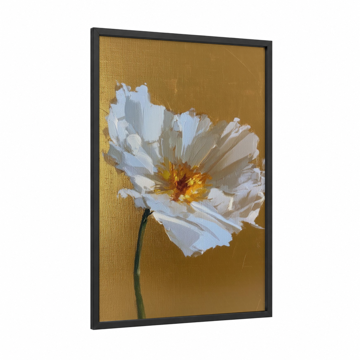Golden Cosmos framed abstract flower print — black wood frame — gold and white palette