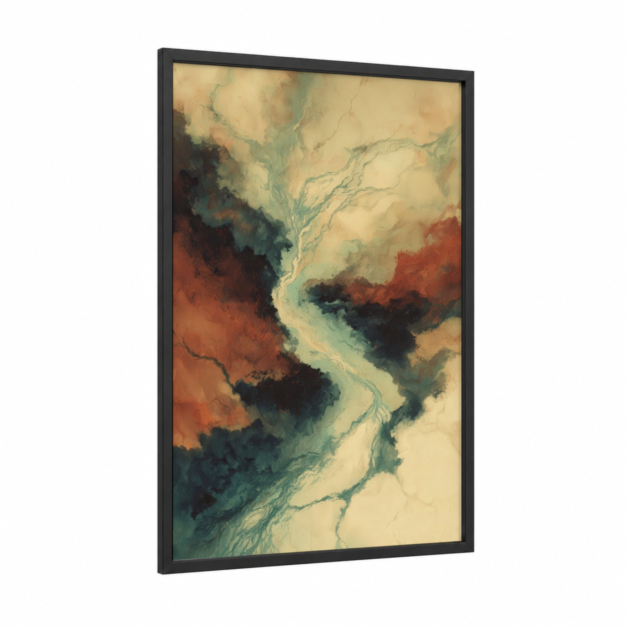 Crimson Glacier Flow framed art print — black wood frame — russet and gray and white palette