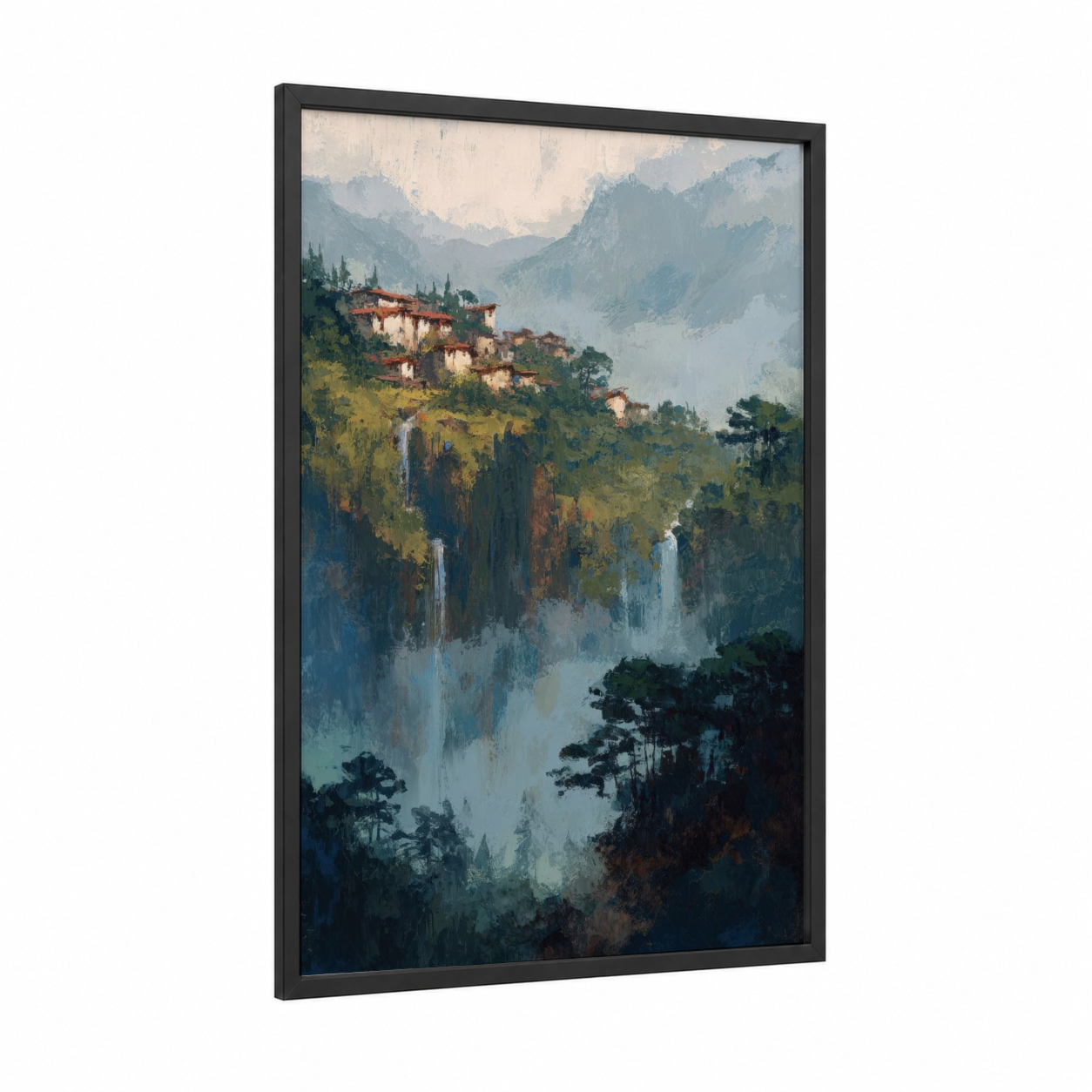 Mountain Village Sanctuary framed art print — black wood frame — blue and green palette